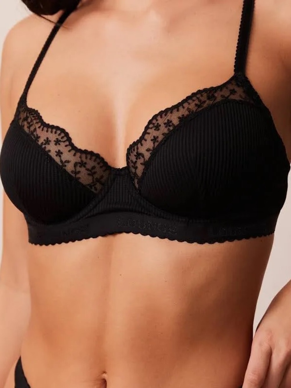 Lounge Black Lace Trim Soft Sexy Ribbed Balcony Underwire Bra NEW 36D